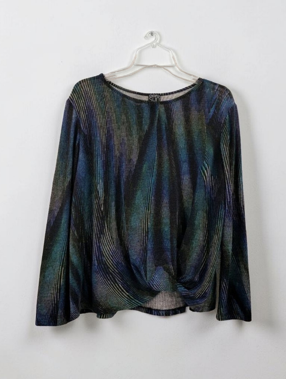 Clara Sun Woo Twist Front Top Sz L Multicolor Peacock Feather Print Long Sleeve